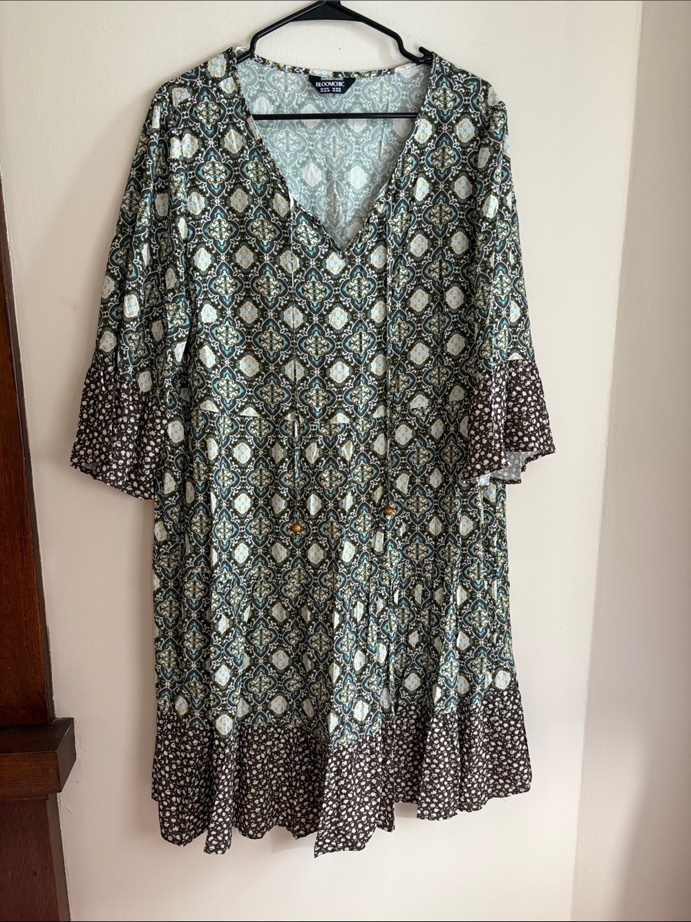 BloomChic Teal, Olive and Brown Printed Midi Dress